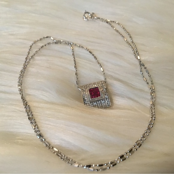 Estate 18K White Gold Ruby & Pave Natural Diamond Pendant - Picture 6 of 6